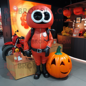 Red Pumpkin mascot costume character dressed with a Biker Jacket and Coin purses