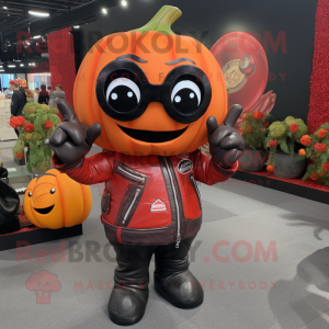 Red Pumpkin mascot costume character dressed with a Biker Jacket and Coin purses