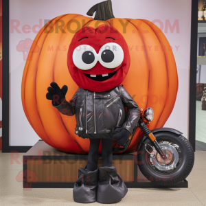 Red Pumpkin mascot costume character dressed with a Biker Jacket and Coin purses