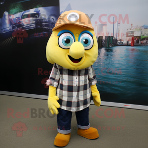 Lemon Yellow Clown Fish mascot costume character dressed with a Flannel Shirt and Caps