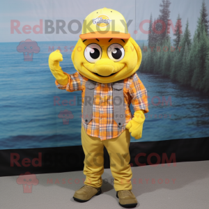 Lemon Yellow Clown Fish mascot costume character dressed with a Flannel Shirt and Caps
