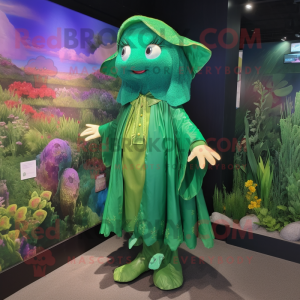 Forest Green Mermaid mascot costume character dressed with a Raincoat and Lapel pins