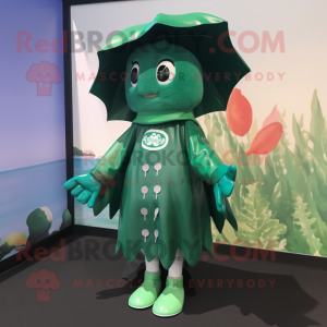 Forest Green Mermaid mascot costume character dressed with a Raincoat and Lapel pins