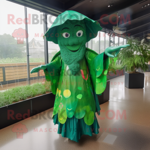 Forest Green Mermaid mascot costume character dressed with a Raincoat and Lapel pins