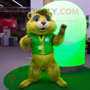 Lime Green Marmot mascot costume character dressed with a Flare Jeans and Rings