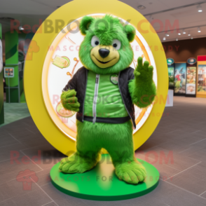 Lime Green Marmot mascot costume character dressed with a Flare Jeans and Rings