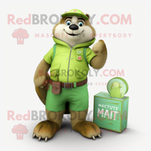 Lime Green Marmot mascot costume character dressed with a Flare Jeans and Rings