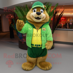 Lime Green Marmot mascot costume character dressed with a Flare Jeans and Rings