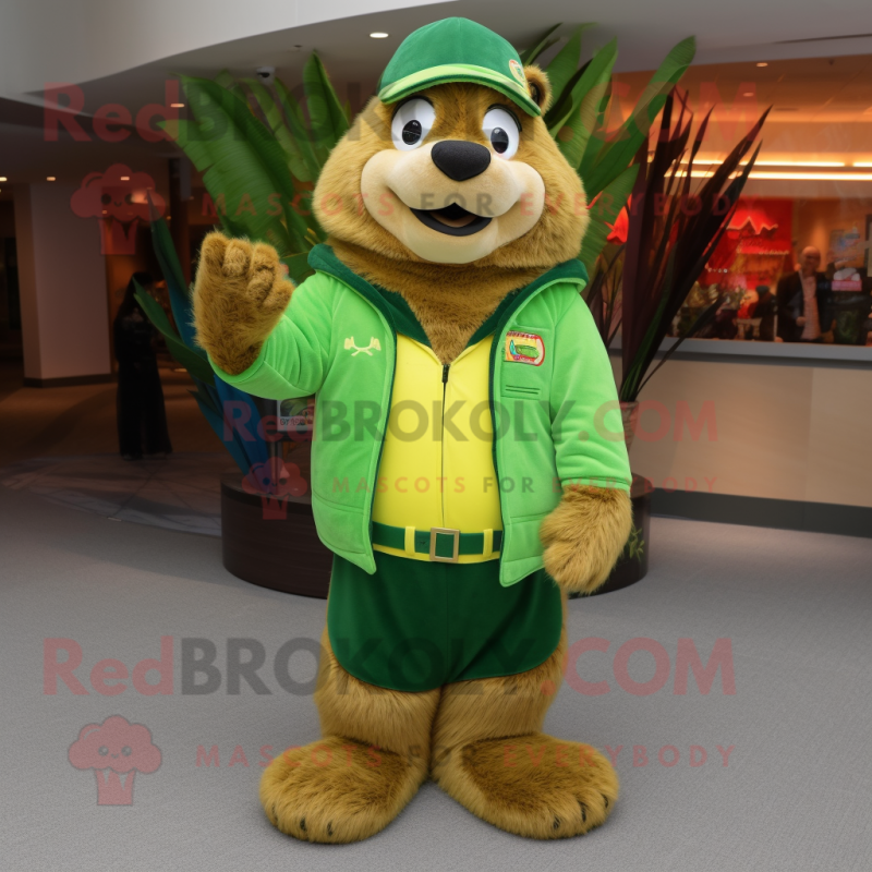 Lime Green Marmot mascot costume character dressed with a Flare Jeans and Rings Lime Green Marmot mascot costume character dressed with a Flare Jeans and Rings