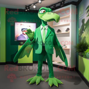 Green Pterodactyl mascot costume character dressed with a Romper and Cufflinks