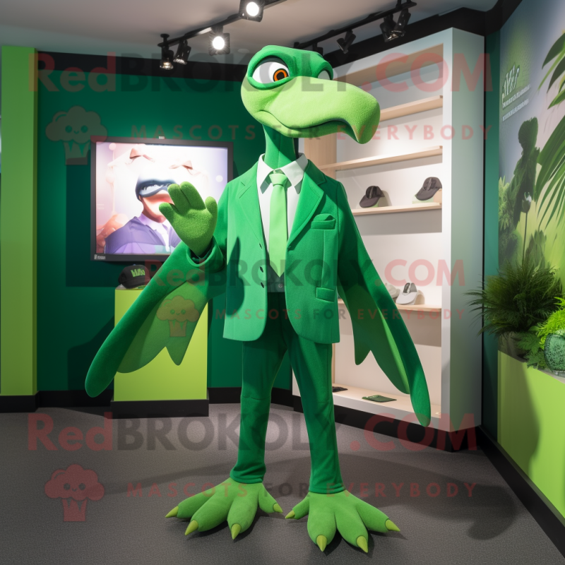 Green Pterodactyl mascot costume character dressed with a Romper and Cufflinks Green Pterodactyl mascot costume character dressed with a Romper and Cufflinks