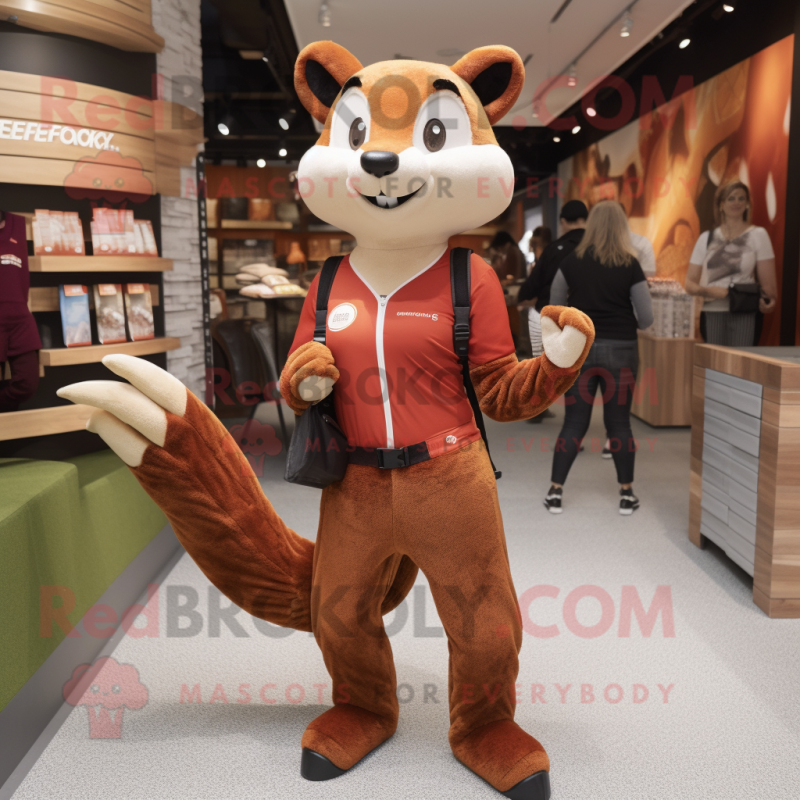 Rust Marten mascot costume character dressed with a Yoga Pants and Coin purses