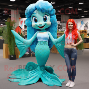 Cyan Mermaid mascot costume character dressed with a Flare Jeans and Shoe clips