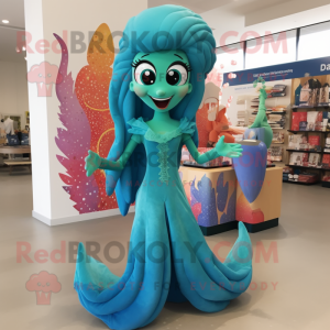 Cyan Mermaid mascot costume character dressed with a Flare Jeans and Shoe clips
