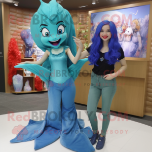 Cyan Mermaid mascot costume character dressed with a Flare Jeans and Shoe clips