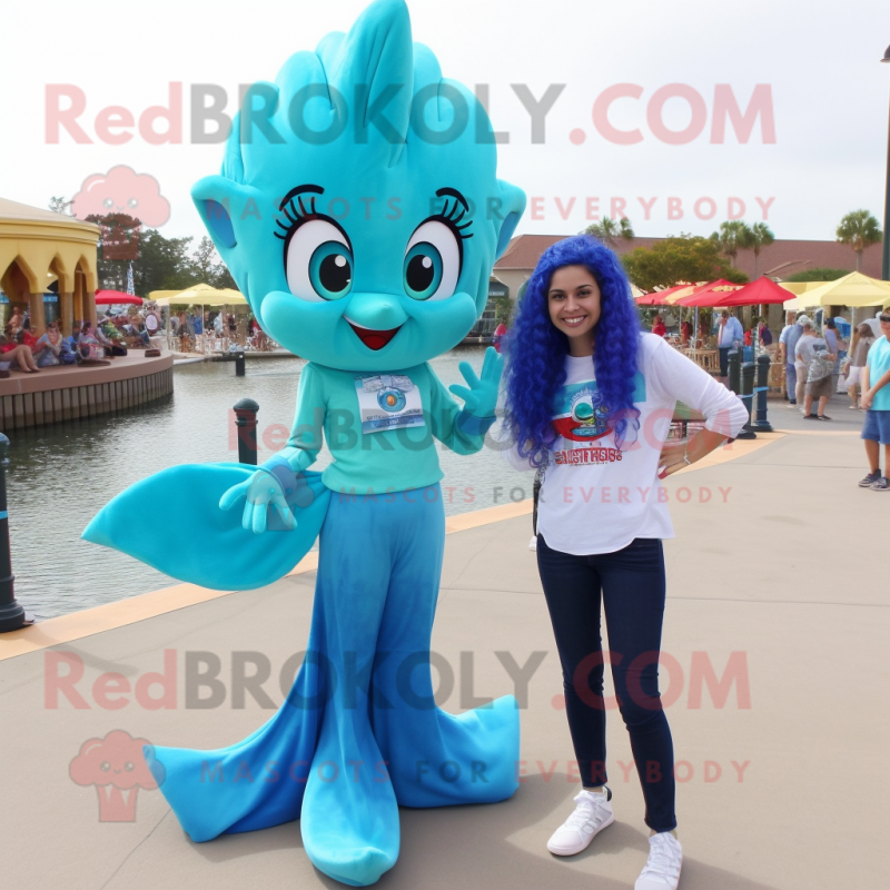 Cyan Mermaid mascot costume character dressed with a Flare Jeans and Shoe clips Cyan Mermaid mascot costume character dressed with a Flare Jeans and Shoe clips