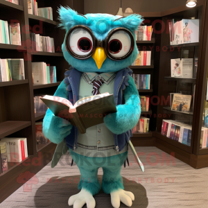 Turquoise Owl mascot costume character dressed with a Vest and Reading glasses