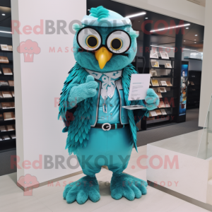 Turquoise Owl mascot costume character dressed with a Vest and Reading glasses