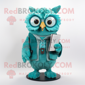 Turquoise Owl mascot costume character dressed with a Vest and Reading glasses