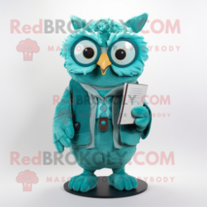 Turquoise Owl mascot costume character dressed with a Vest and Reading glasses