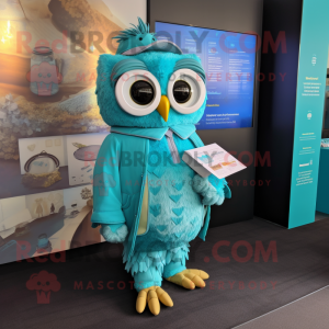 Turquoise Owl mascot costume character dressed with a Vest and Reading glasses