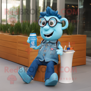 Cyan Bottle Of Milk mascot costume character dressed with a Denim Shirt and Reading glasses