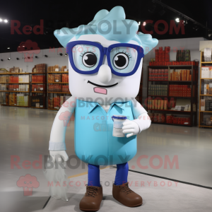 Cyan Bottle Of Milk mascot costume character dressed with a Denim Shirt and Reading glasses