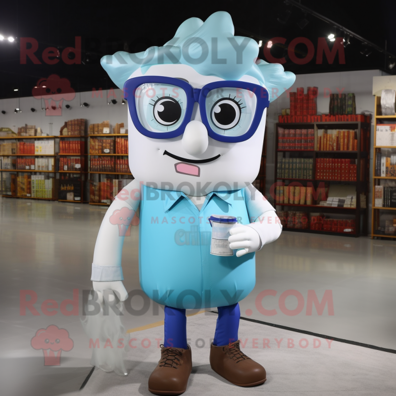 Cyan Bottle Of Milk mascot costume character dressed with a Denim Shirt and Reading glasses Cyan Bottle Of Milk mascot costume character dressed with a Denim Shirt and Reading glasses