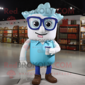 Cyan Bottle Of Milk mascot costume character dressed with a Denim Shirt and Reading glasses
