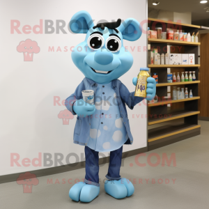 Cyan Bottle Of Milk mascot costume character dressed with a Denim Shirt and Reading glasses