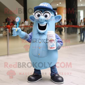 Cyan Bottle Of Milk mascot costume character dressed with a Denim Shirt and Reading glasses