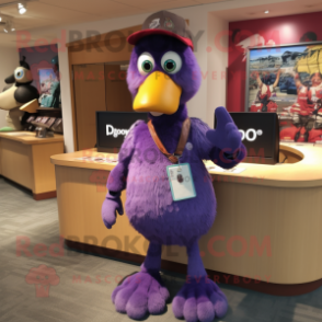 Purple Dodo Bird mascot costume character dressed with a Henley Tee and Keychains