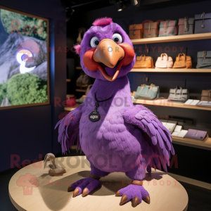 Purple Dodo Bird mascot costume character dressed with a Henley Tee and Keychains