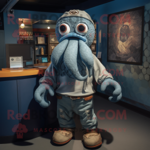 Silver Kraken mascot costume character dressed with a Denim Shorts and Mittens