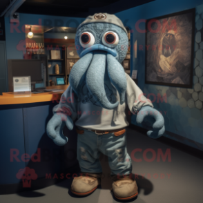 Silver Kraken mascot costume character dressed with a Denim Shorts and Mittens