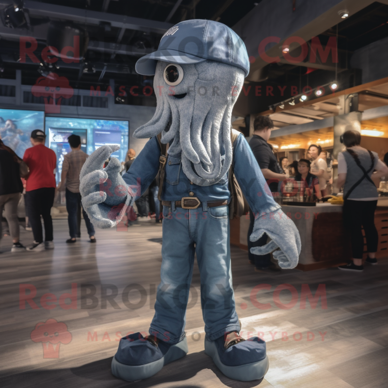 Silver Kraken mascot costume character dressed with a Denim Shorts and Mittens