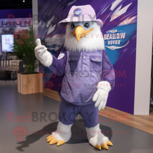Lavender Bald Eagle mascot costume character dressed with a Flare Jeans and Beanies