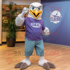 Lavender Bald Eagle mascot costume character dressed with a Flare Jeans and Beanies