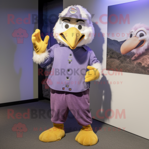 Lavender Bald Eagle mascot costume character dressed with a Flare Jeans and Beanies