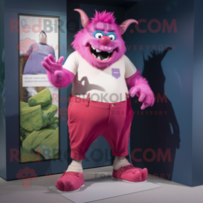 Magenta Ogre mascot costume character dressed with a Bermuda Shorts and Pocket squares