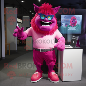 Magenta Ogre mascot costume character dressed with a Bermuda Shorts and Pocket squares