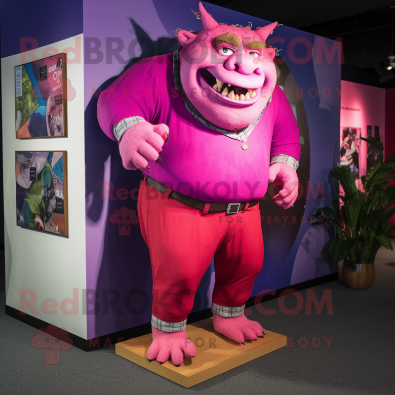 Magenta Ogre mascot costume character dressed with a Bermuda Shorts and Pocket squares
