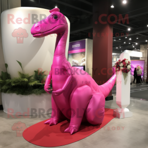Magenta Brachiosaurus mascot costume character dressed with a Wedding Dress and Messenger bags