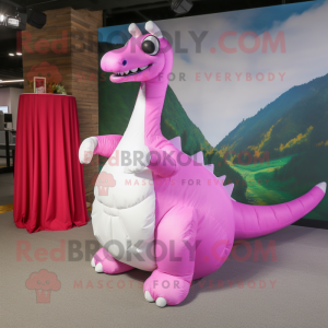 Magenta Brachiosaurus mascot costume character dressed with a Wedding Dress and Messenger bags