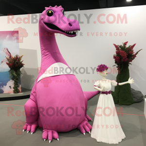 Magenta Brachiosaurus mascot costume character dressed with a Wedding Dress and Messenger bags