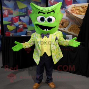 Lime Green Nachos mascot costume character dressed with a Button-Up Shirt and Bow ties