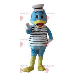 Mascote de pato azul e amarelo vestido de marinheiro -