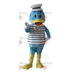 Blauwe en gele eendmascotte verkleed als zeeman - Redbrokoly.com