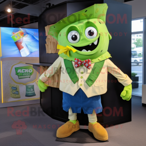 Lime Green Nachos mascot costume character dressed with a Button-Up Shirt and Bow ties