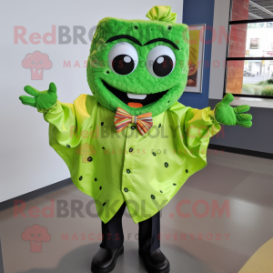 Lime Green Nachos mascot costume character dressed with a Button-Up Shirt and Bow ties